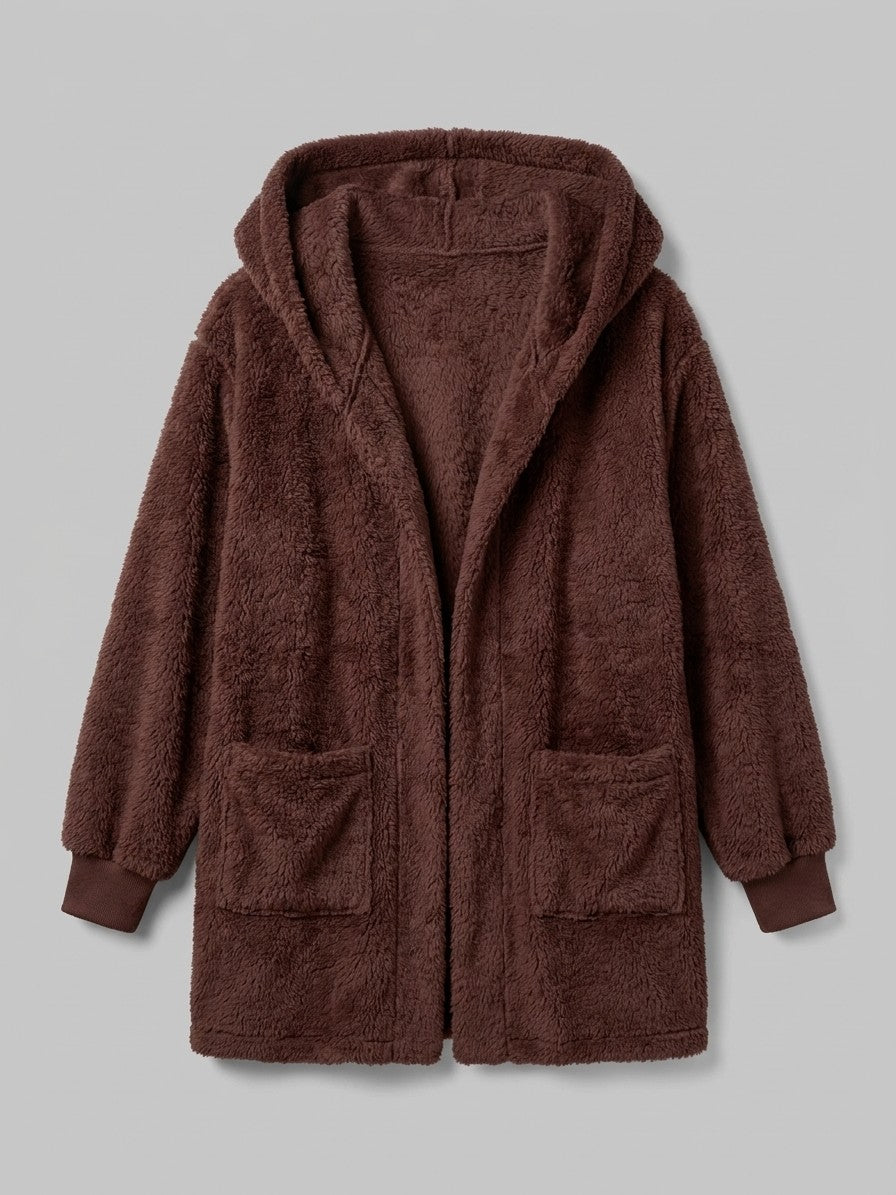 Duino Women's Open-Front Hooded Teddy Jacket — brown — packshot