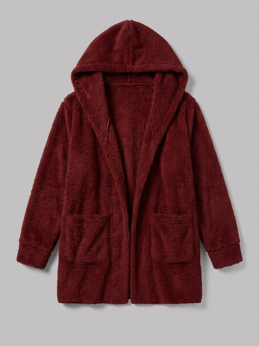 Duino Women's Open-Front Hooded Teddy Jacket — burgundy — packshot