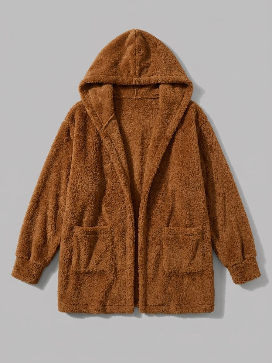 Duino Women's Open-Front Hooded Teddy Jacket — caramel — packshot
