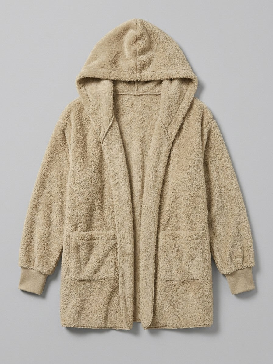 Duino Women's Open-Front Hooded Teddy Jacket — cream — packshot