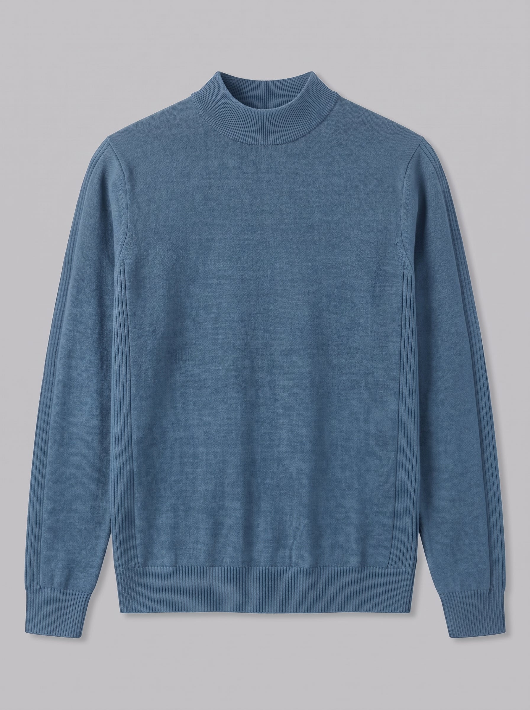 A dusty blue knit mock neck sweater with ribbed cuffs and hem, displayed flat against a solid gray background.