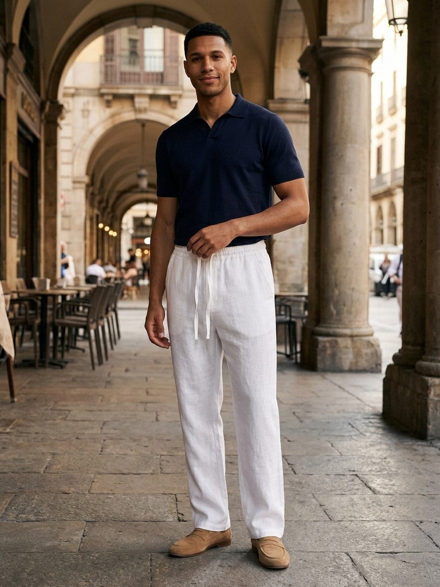 Elba Men's Flax-Cotton Drawstring Pants — white — lifestyle
