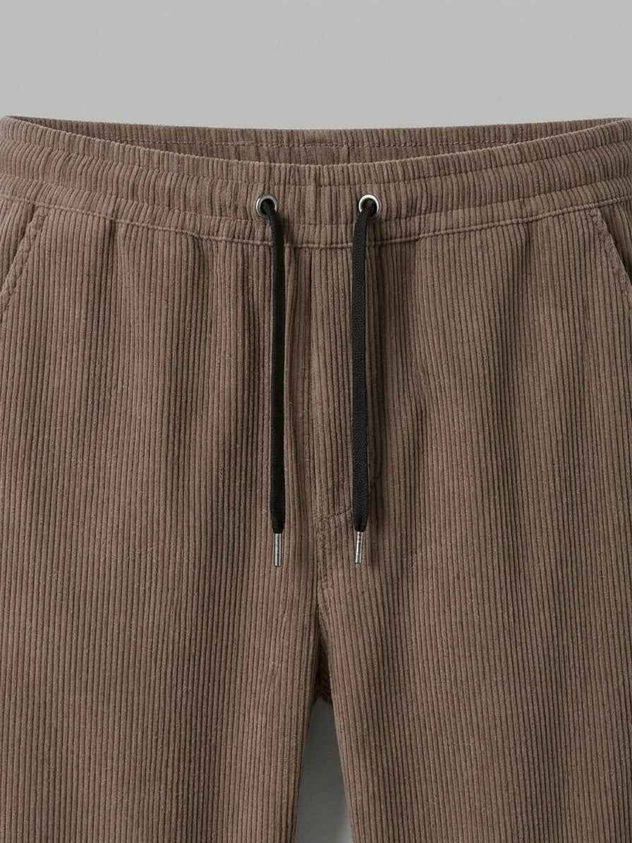 Elio Men's Ribbed Drawstring Trousers — brown — detail-collar