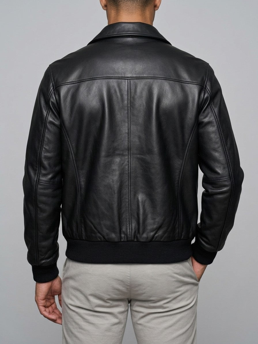 Enna Men's Tartan-Lined Genuine Leather Bomber Jacket — black — back
