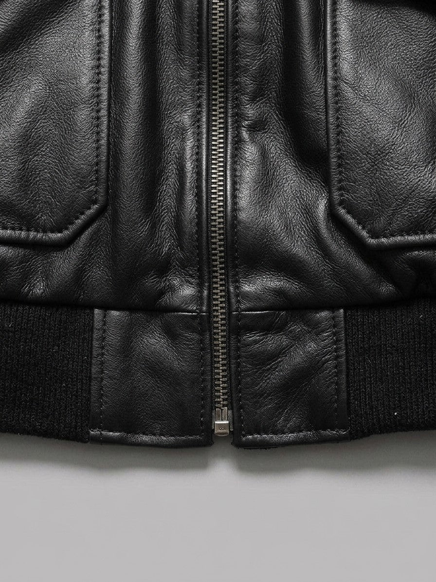 Enna Men's Tartan-Lined Genuine Leather Bomber Jacket — black — detail-collar