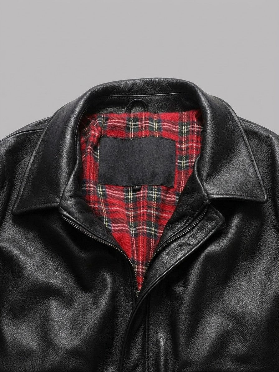 Enna Men's Tartan-Lined Genuine Leather Bomber Jacket — black — detail