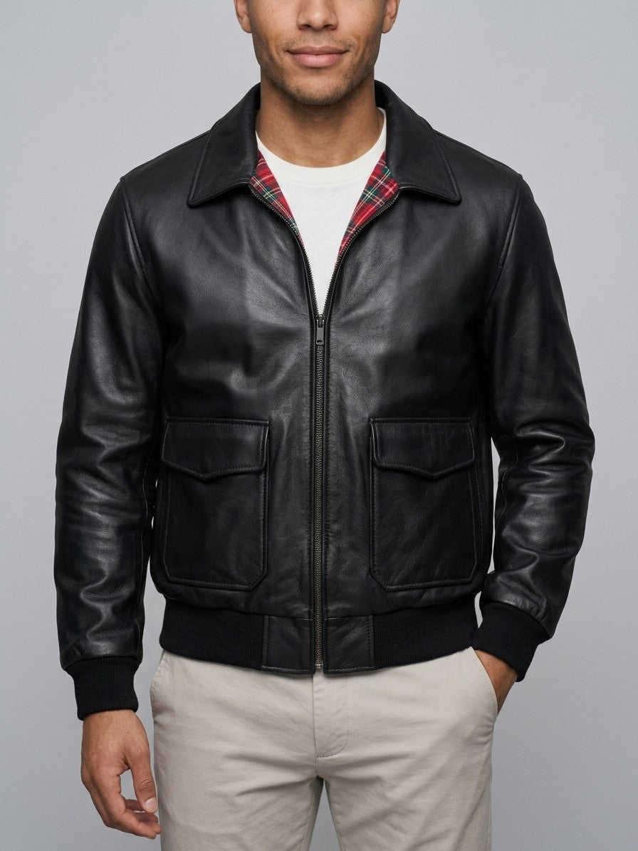 Enna Men's Tartan-Lined Genuine Leather Bomber Jacket — black — front