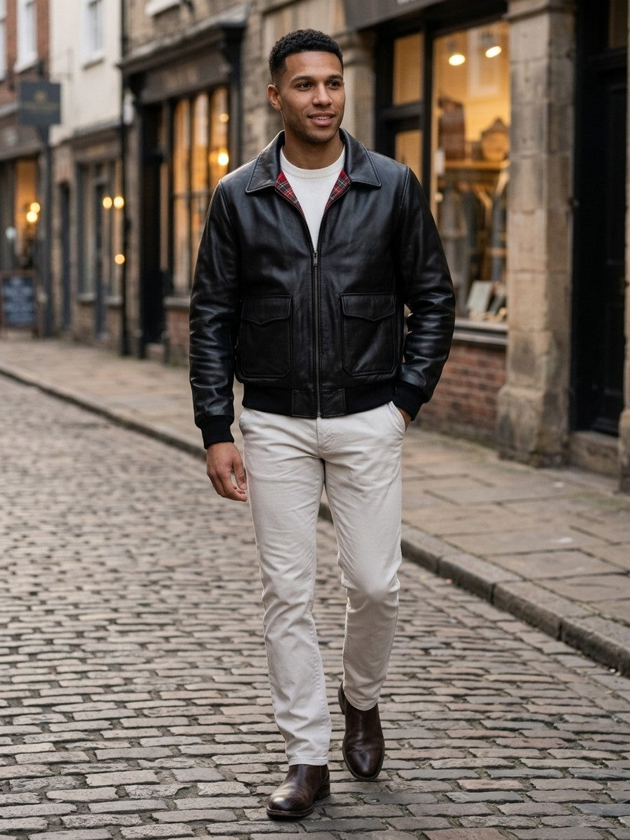 Enna Men's Tartan-Lined Genuine Leather Bomber Jacket — black — lifestyle