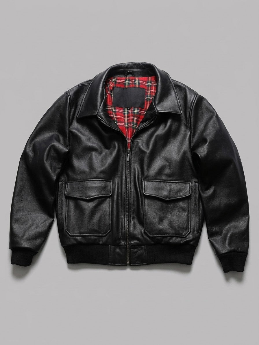 Enna Men's Tartan-Lined Genuine Leather Bomber Jacket — black — packshot