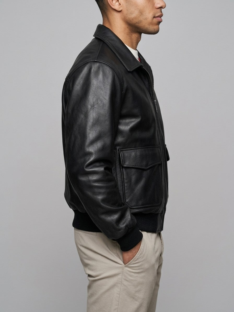 Enna Men's Tartan-Lined Genuine Leather Bomber Jacket — black — side