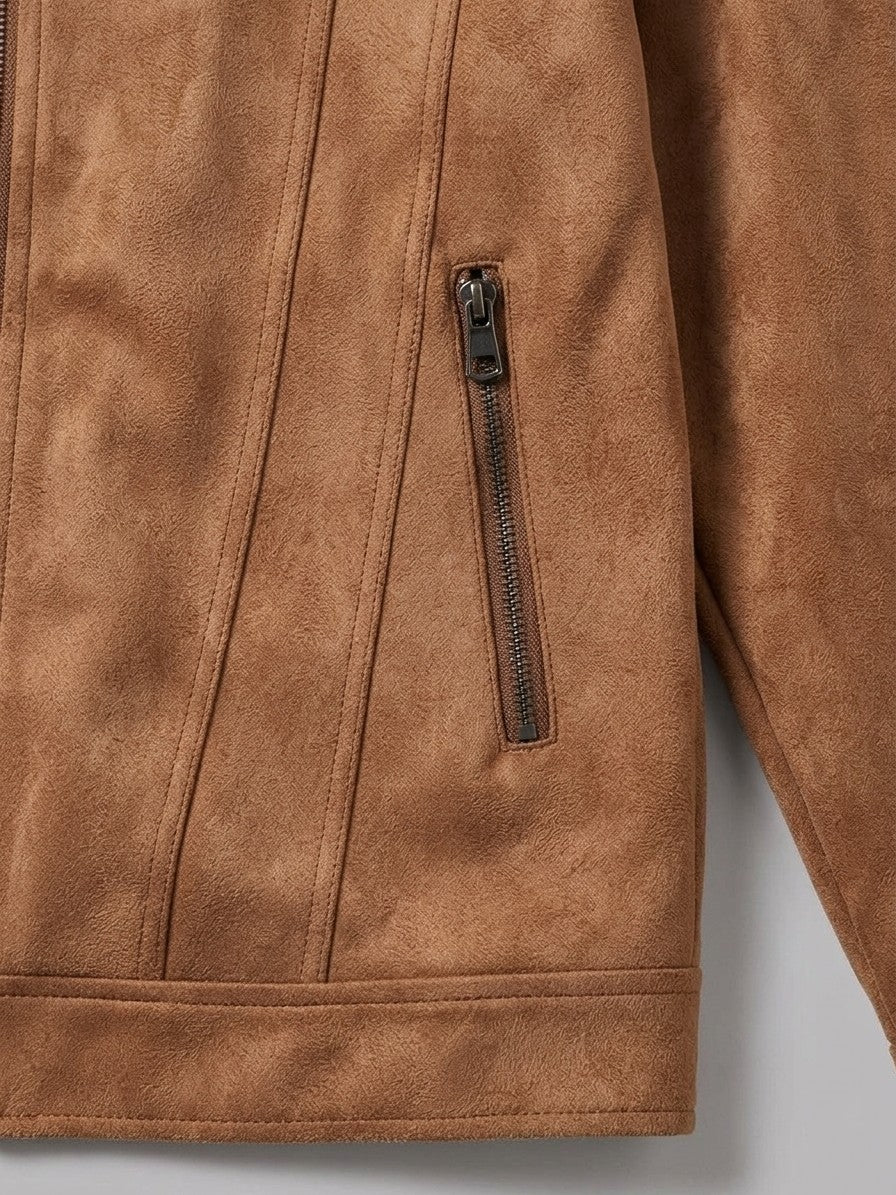 Erchie Men's Pintuck Suede Zip Jacket — tan — detail-2