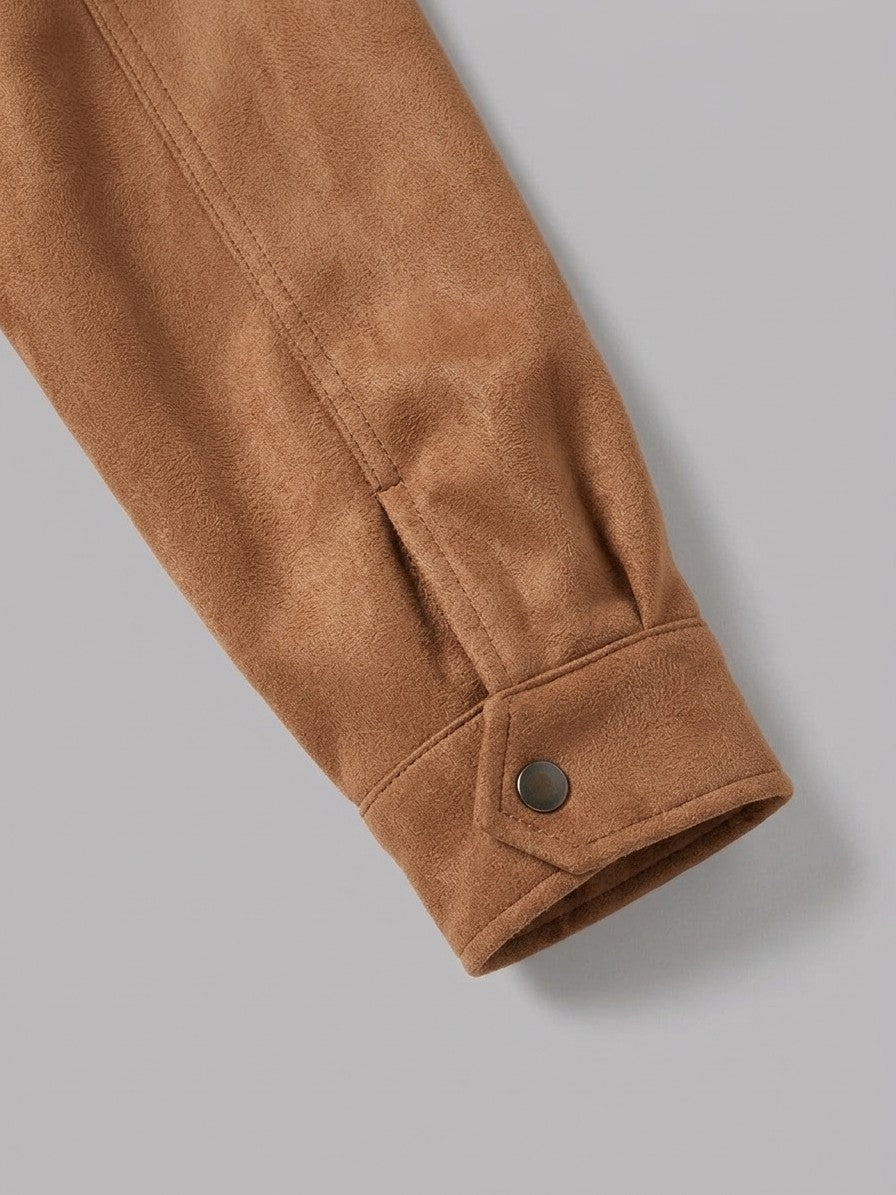 Erchie Men's Pintuck Suede Zip Jacket — tan — detail-collar