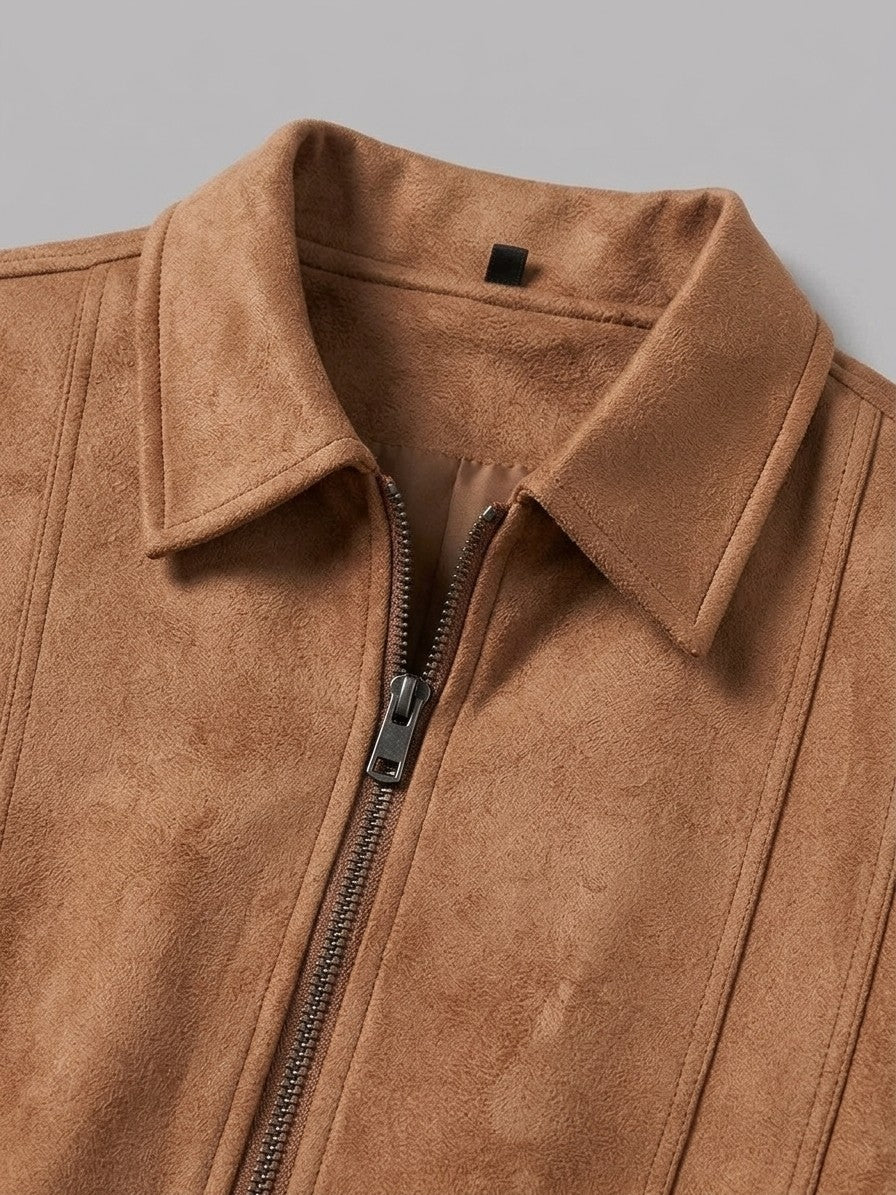Erchie Men's Pintuck Suede Zip Jacket — tan — detail