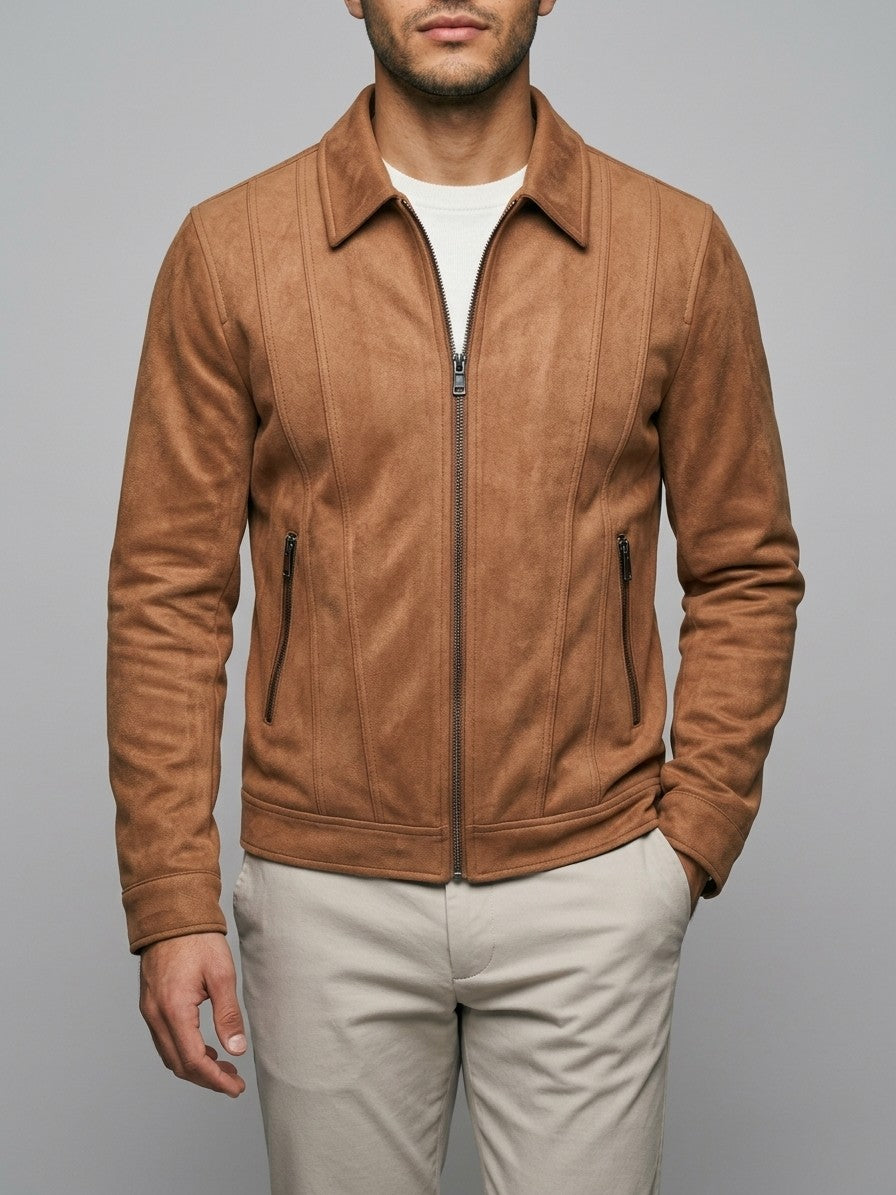 Erchie Men's Pintuck Suede Zip Jacket — tan — front