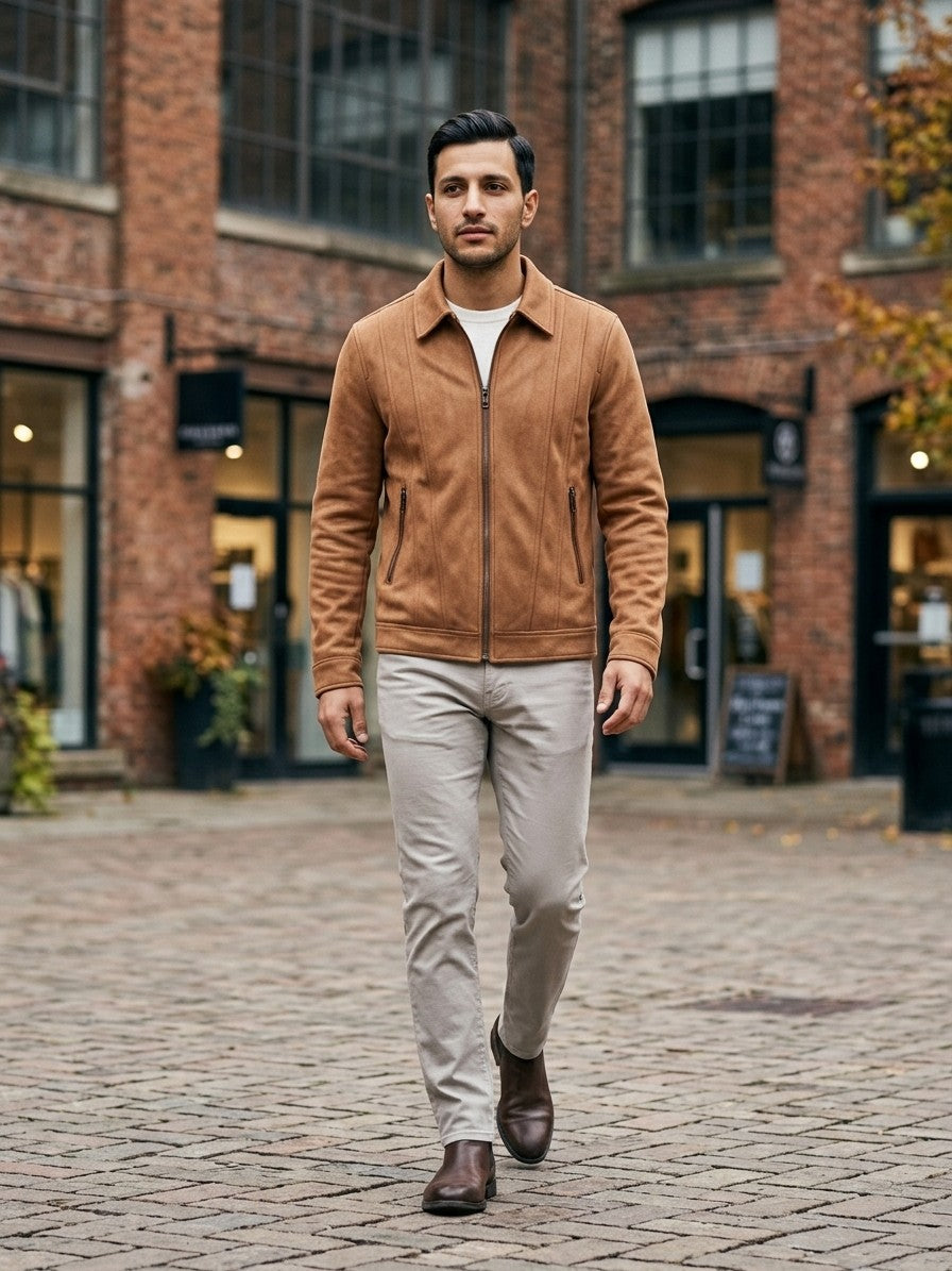 Erchie Men's Pintuck Suede Zip Jacket — tan — lifestyle