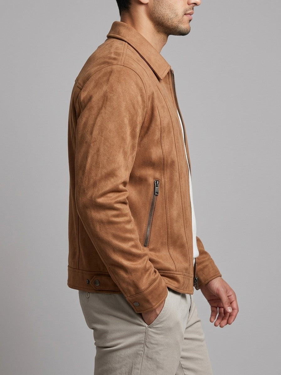 Erchie Men's Pintuck Suede Zip Jacket — tan — side