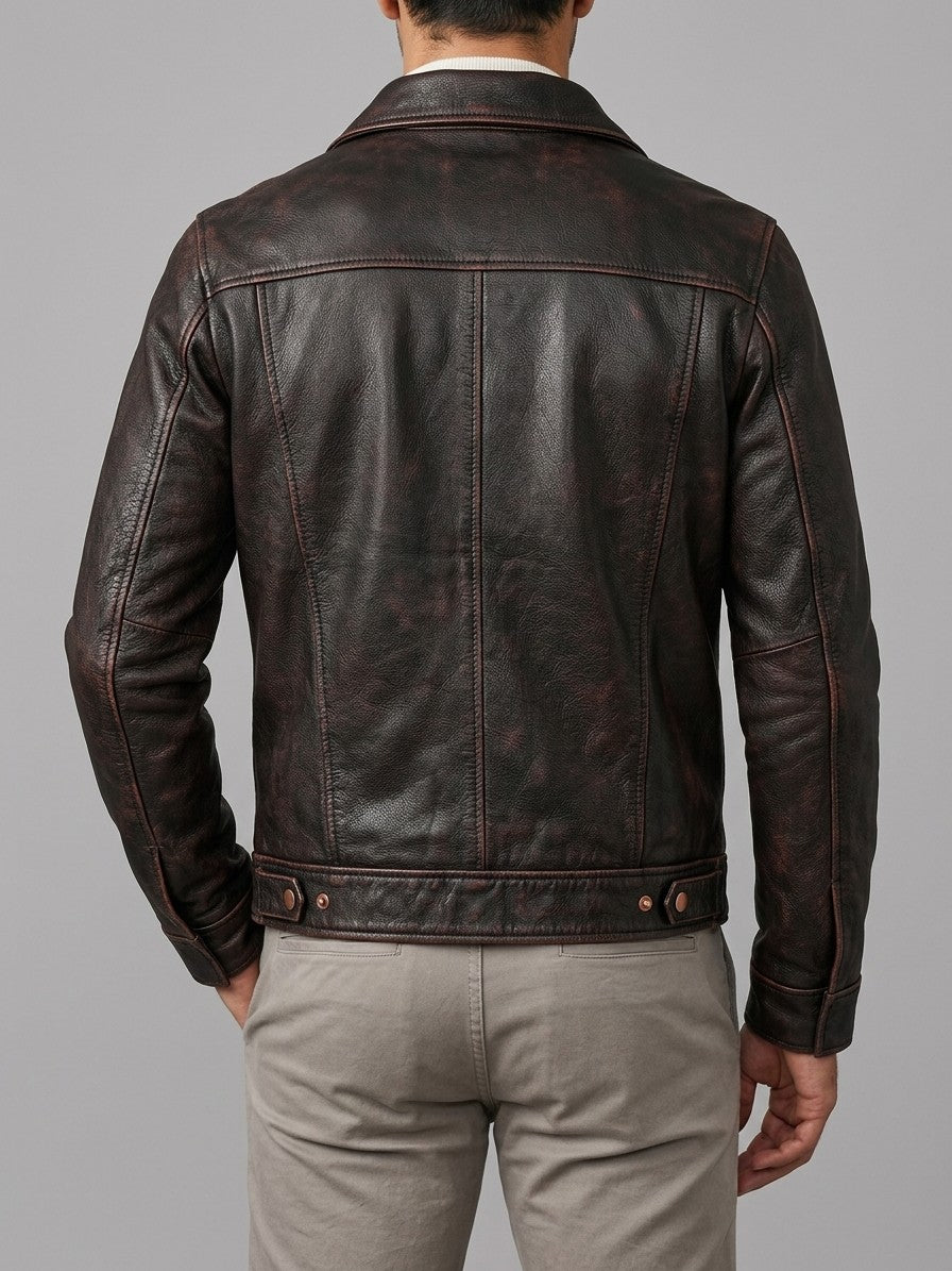 Este Men's Distressed Cowhide Trucker Jacket — darkbrown — back