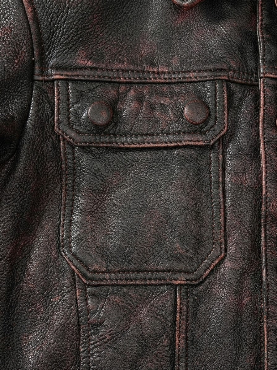 Este Men's Distressed Cowhide Trucker Jacket — darkbrown — detail-2