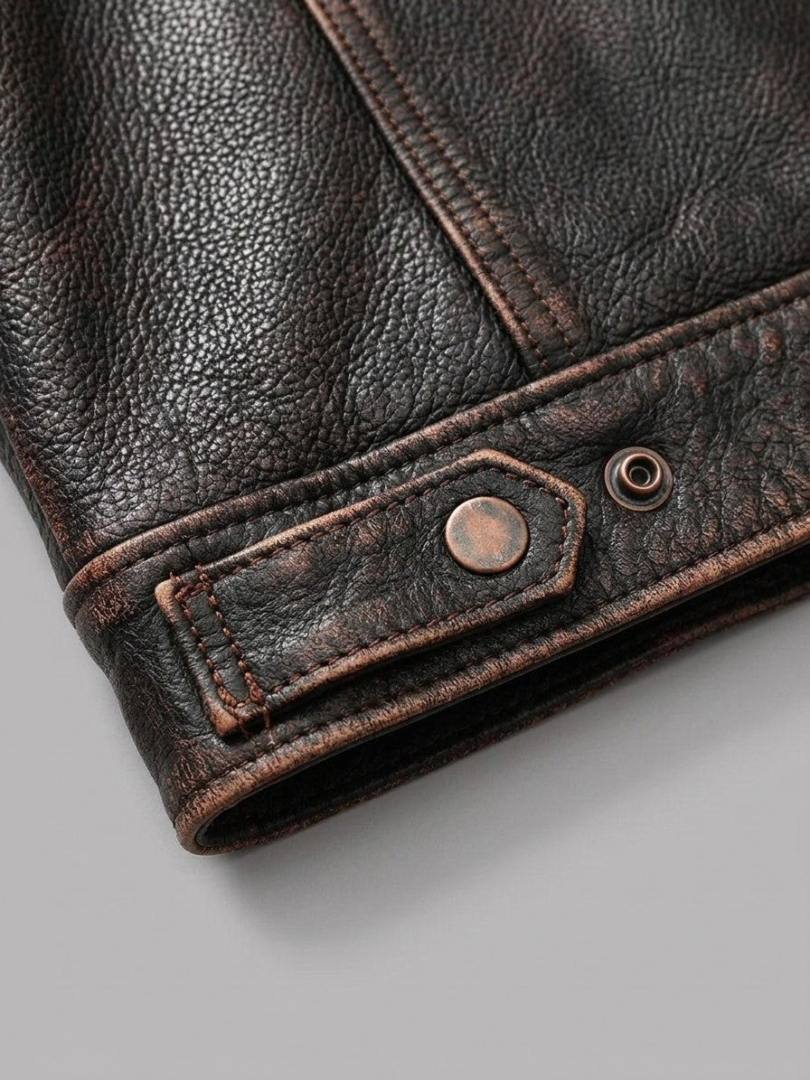 Este Men's Distressed Cowhide Trucker Jacket — darkbrown — detail-collar