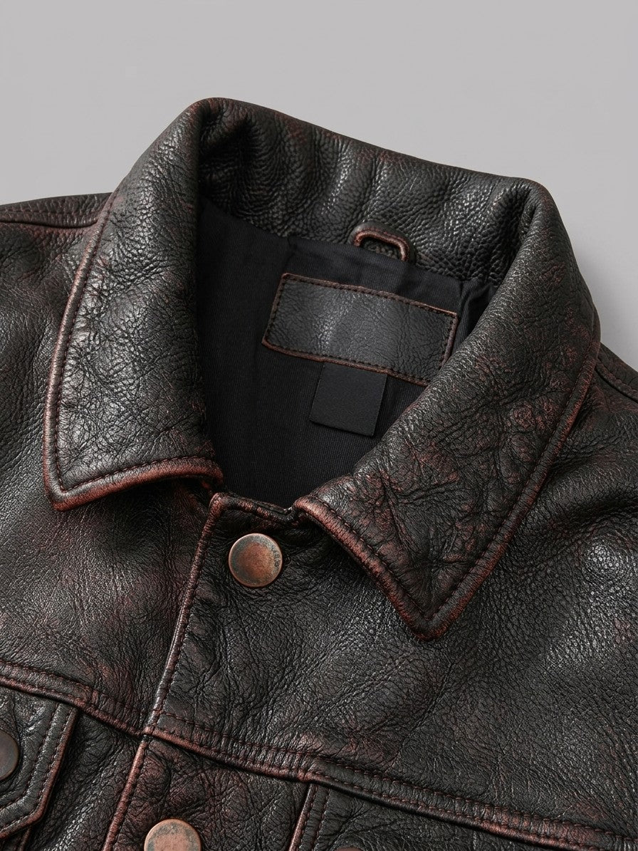 Este Men's Distressed Cowhide Trucker Jacket — darkbrown — detail