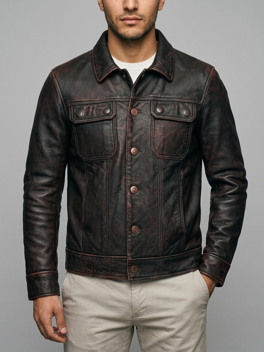 Este Men's Distressed Cowhide Trucker Jacket — darkbrown — front