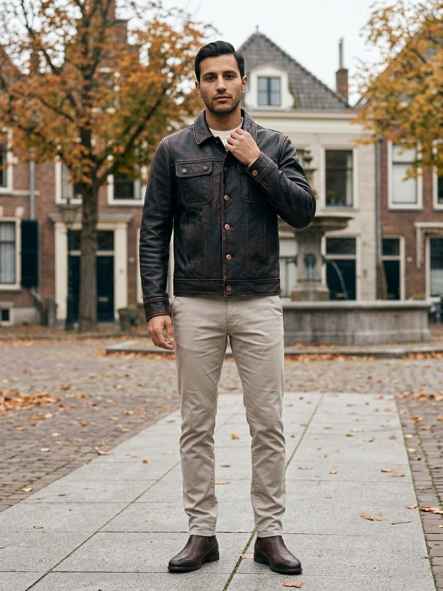 Este Men's Distressed Cowhide Trucker Jacket — darkbrown — lifestyle
