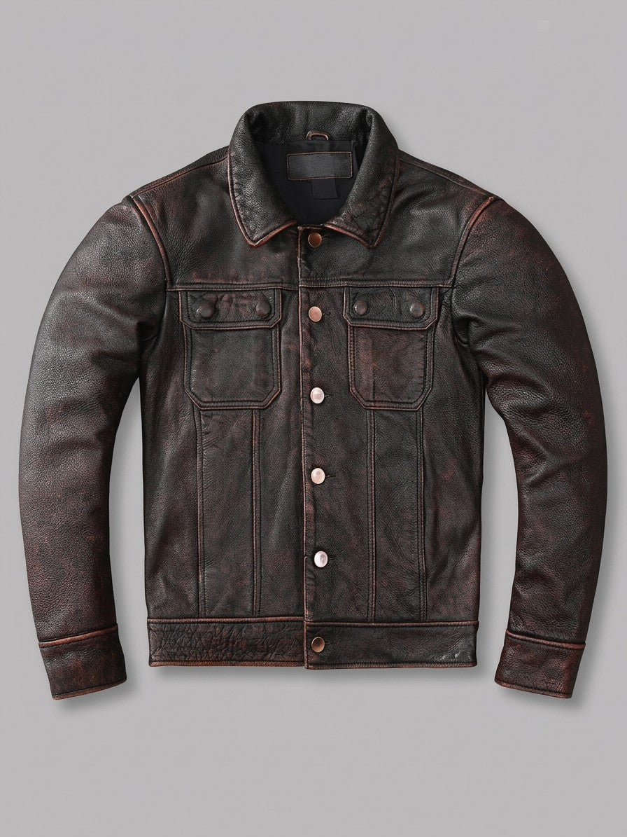 Este Men's Distressed Cowhide Trucker Jacket — darkbrown — packshot