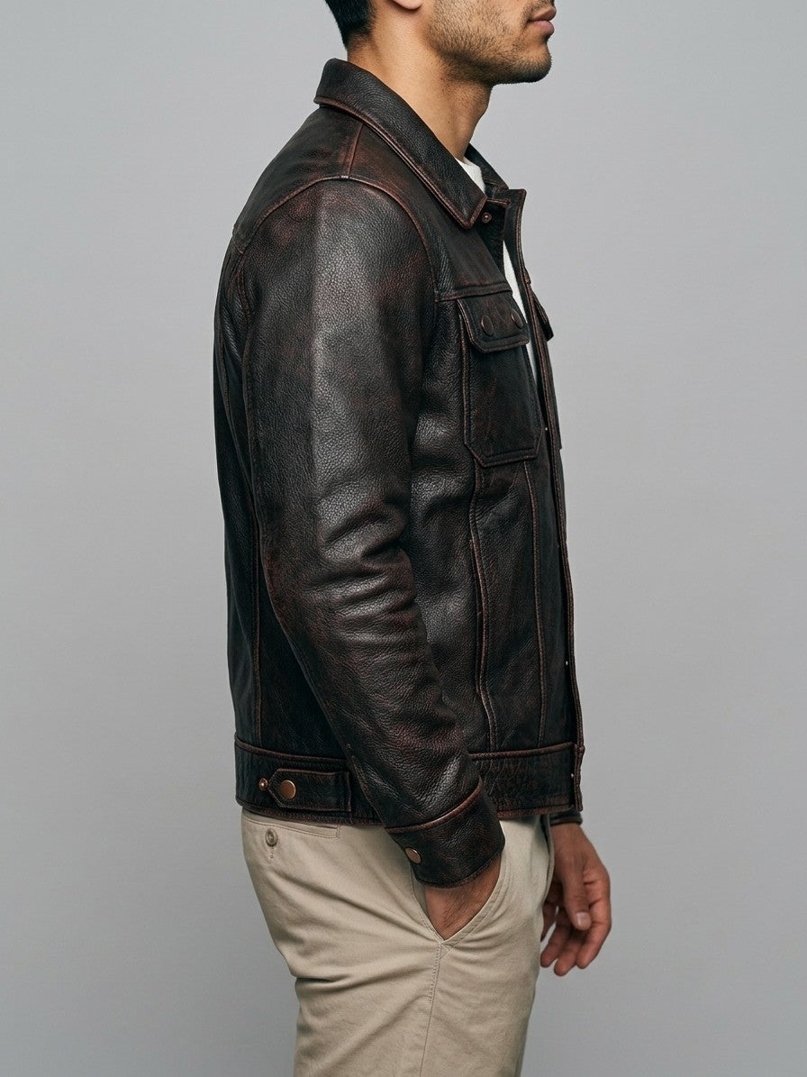 Este Men's Distressed Cowhide Trucker Jacket — darkbrown — side