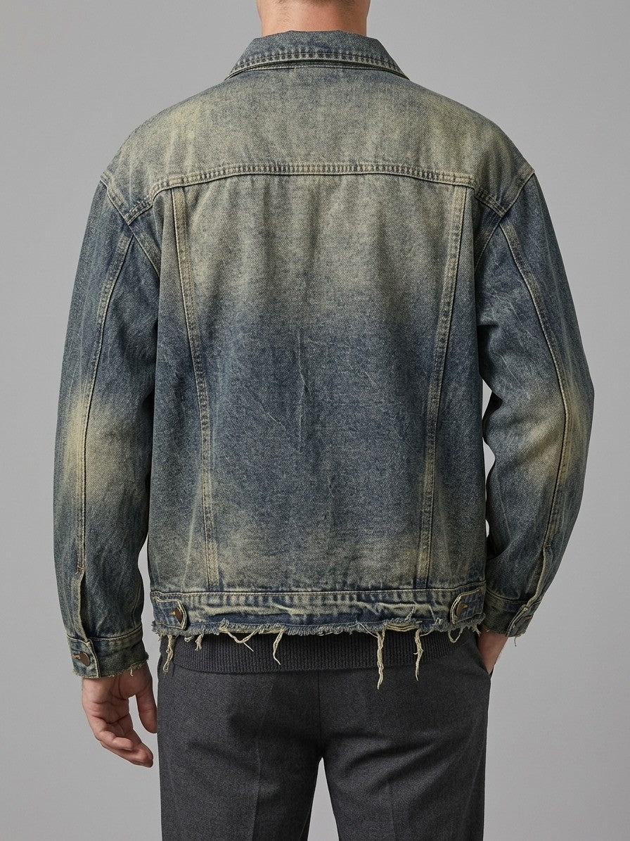 Fabriano Men's Frayed-Hem Vintage Trucker Jacket — blue — back