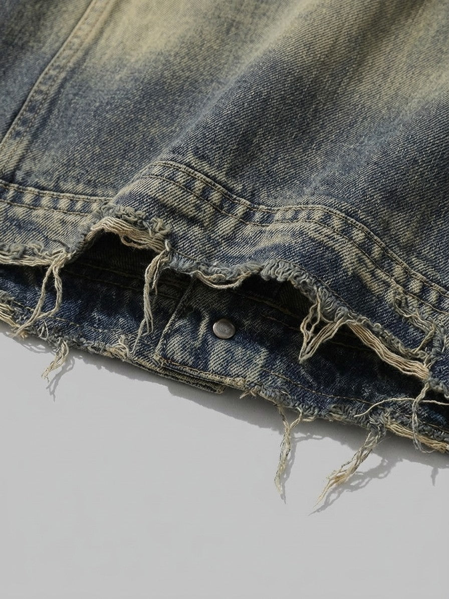 Fabriano Men's Frayed-Hem Vintage Trucker Jacket — blue — detail-collar