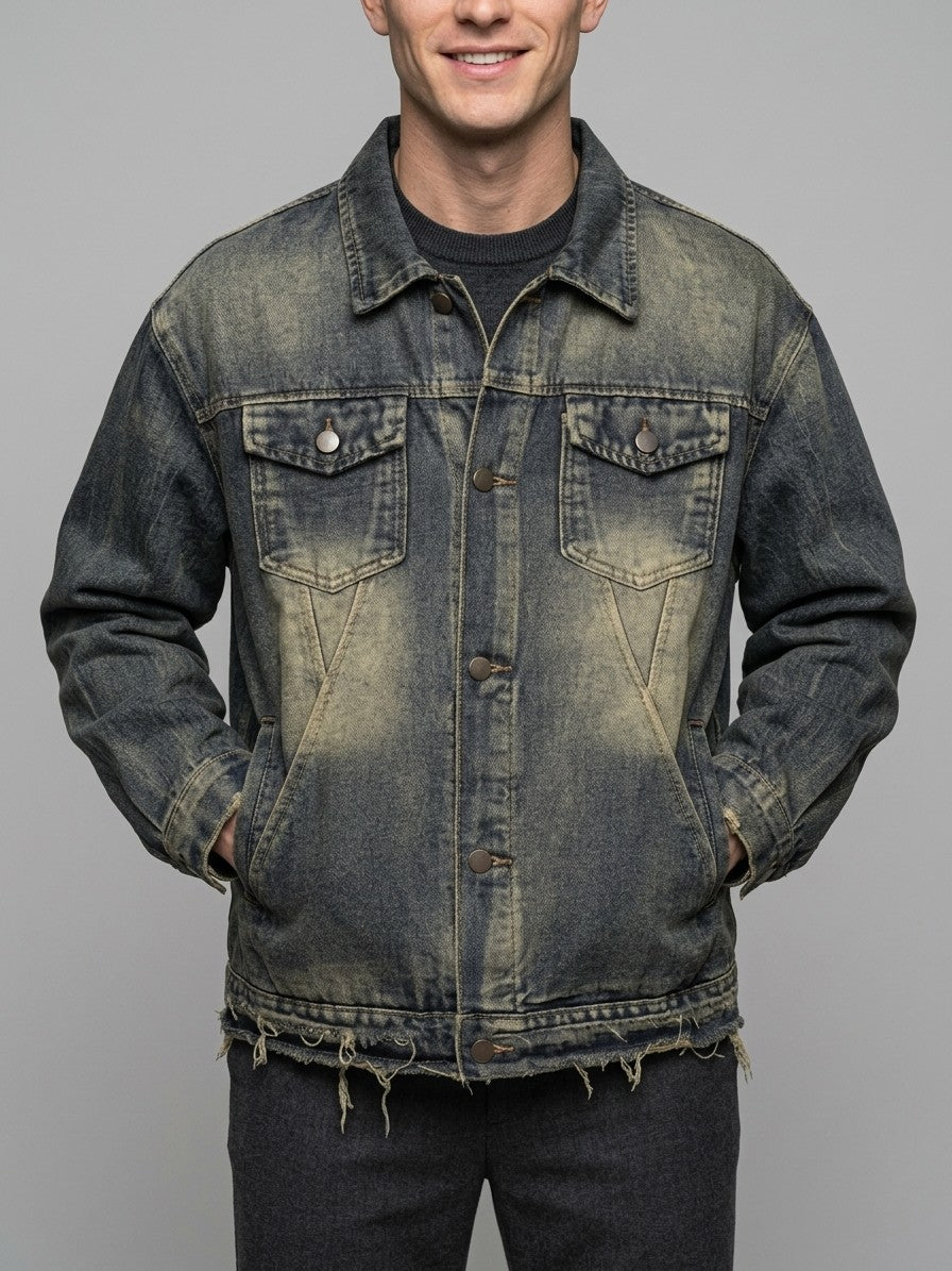 Fabriano Men's Frayed-Hem Vintage Trucker Jacket — blue — front