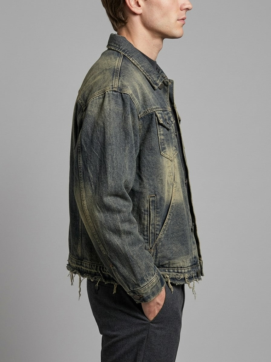 Fabriano Men's Frayed-Hem Vintage Trucker Jacket — blue — side