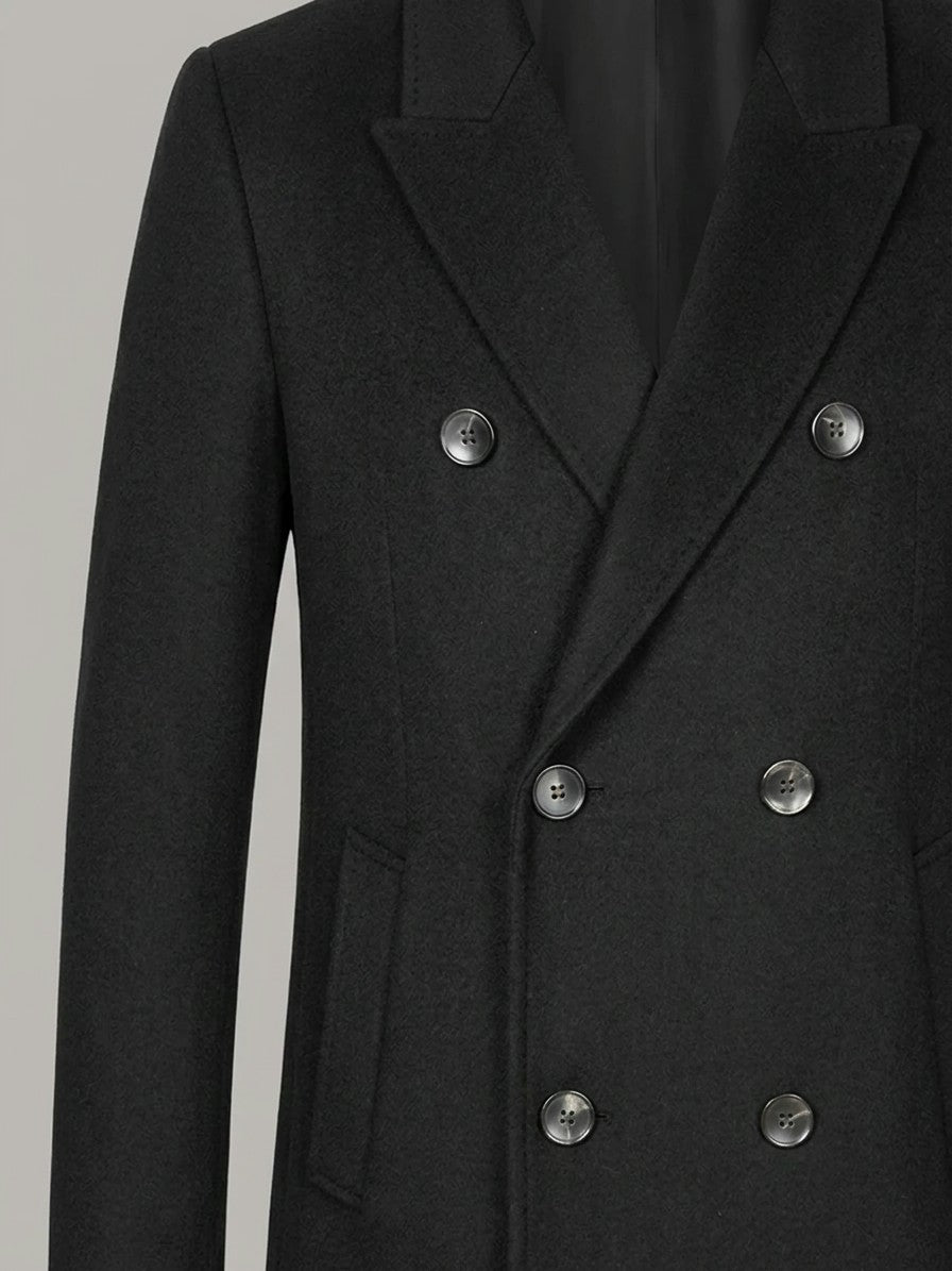 Faenza Men's Double-Breasted Longline Coat — black — detail-collar