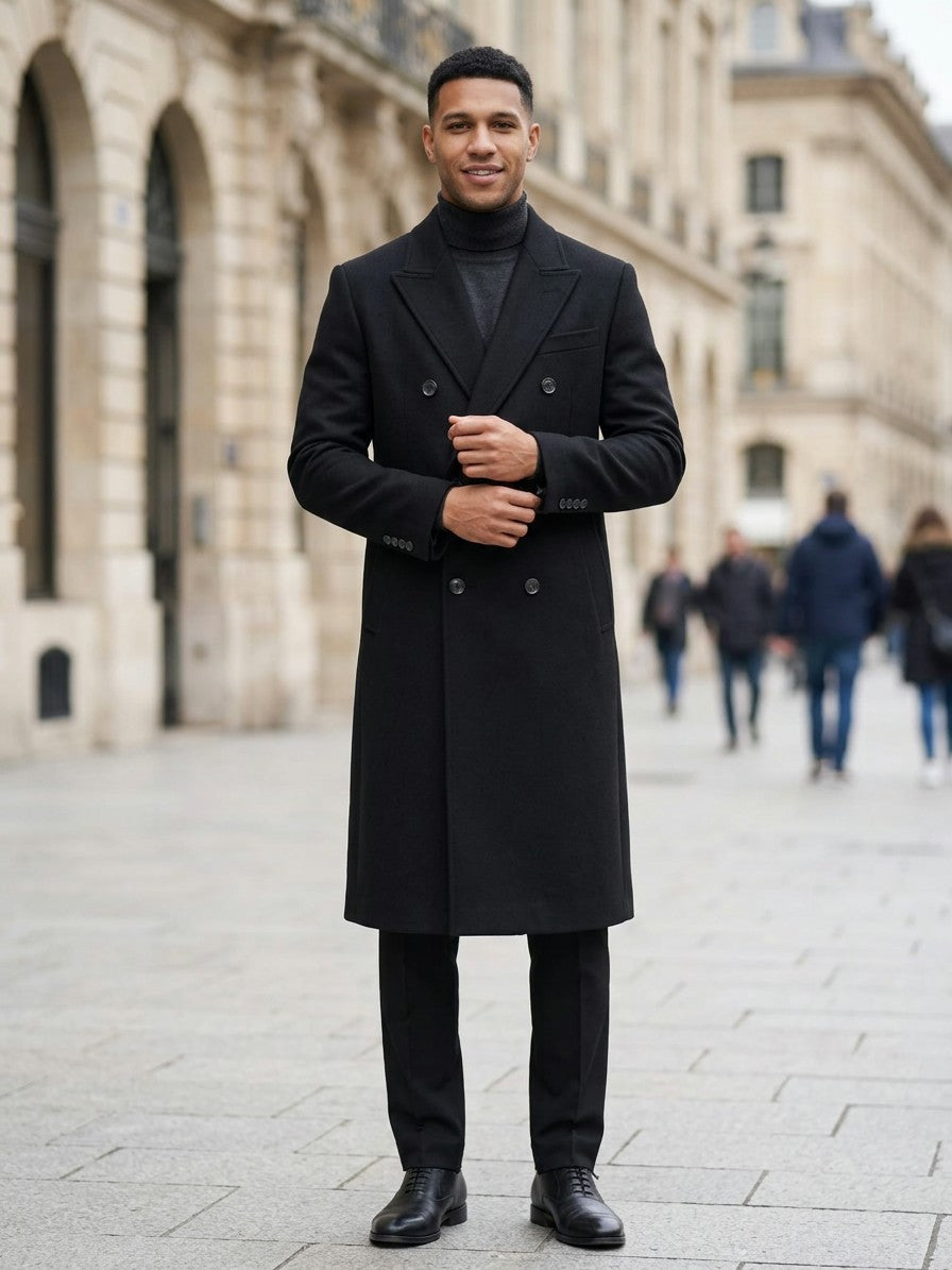 Faenza Men's Double-Breasted Longline Coat — black — lifestyle