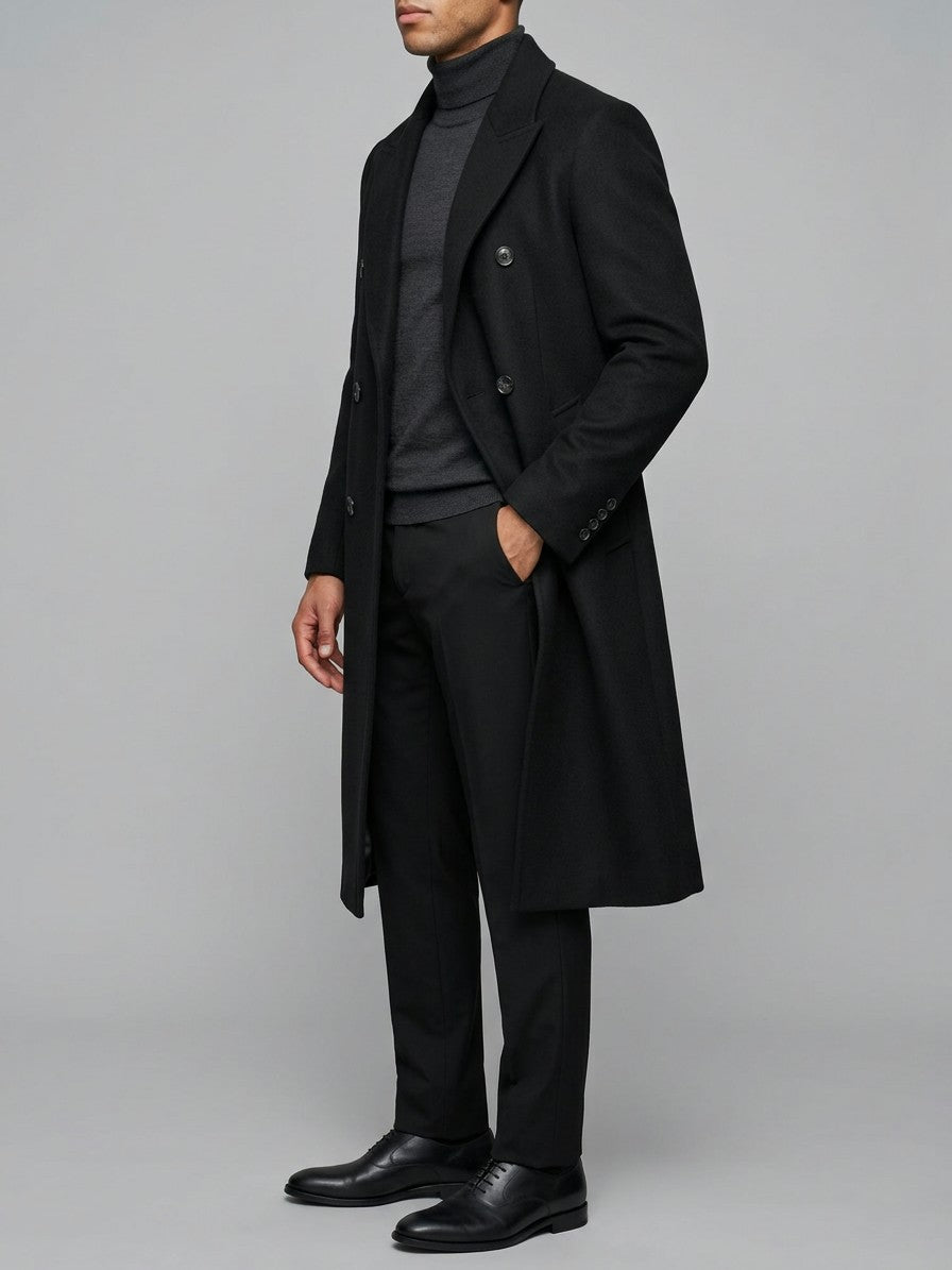 Faenza Men's Double-Breasted Longline Coat — black — side