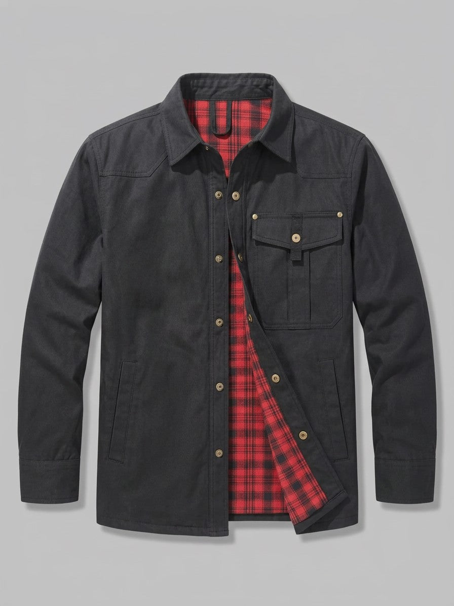 Fano Men's Plaid-Lined Snap Shacket — black — packshot