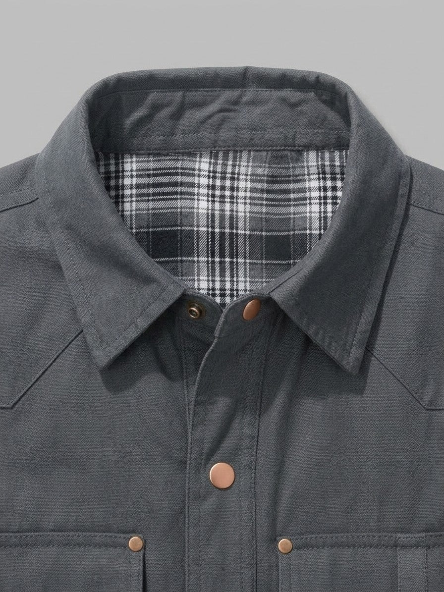 Fano Men's Plaid-Lined Snap Shacket — gray — detail-collar