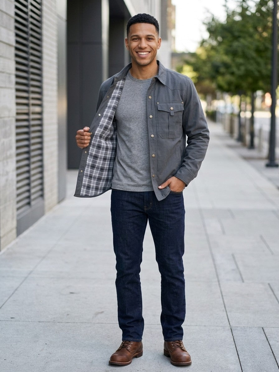 Fano Men's Plaid-Lined Snap Shacket — gray — lifestyle
