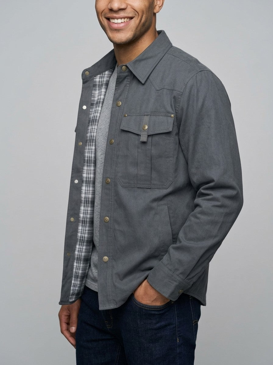 Fano Men's Plaid-Lined Snap Shacket — gray — side