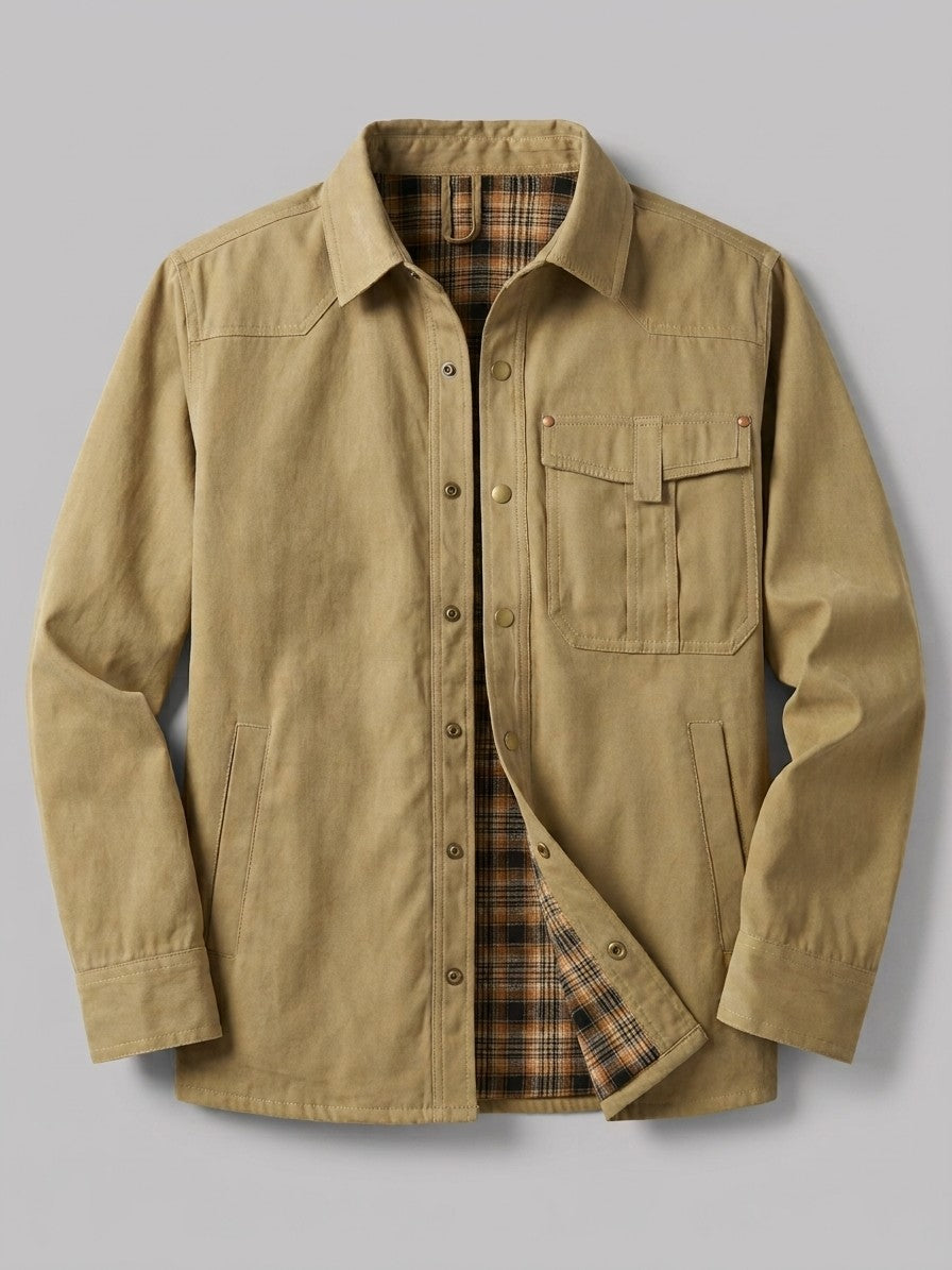 Fano Men's Plaid-Lined Snap Shacket — khaki — packshot