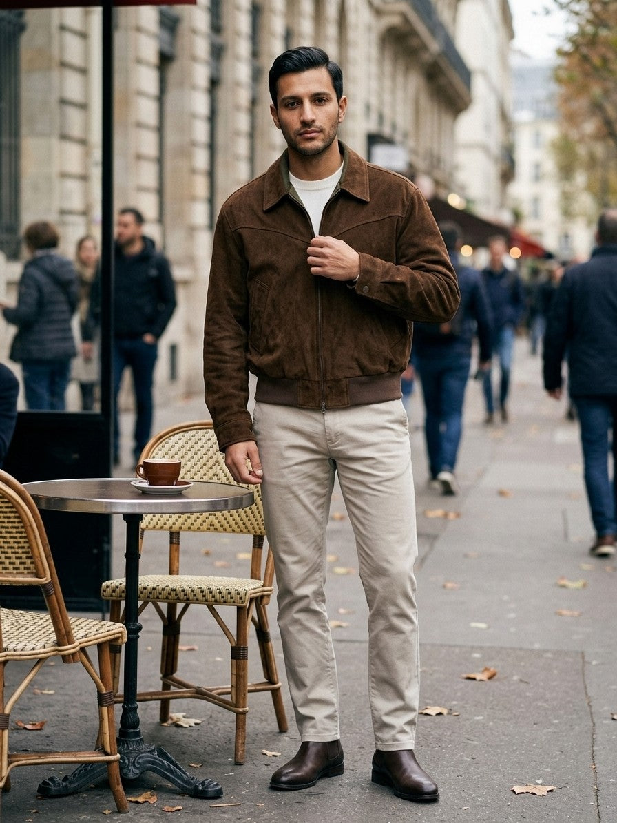 Fermignano Men's Western-Yoke Suede Jacket — brown — lifestyle