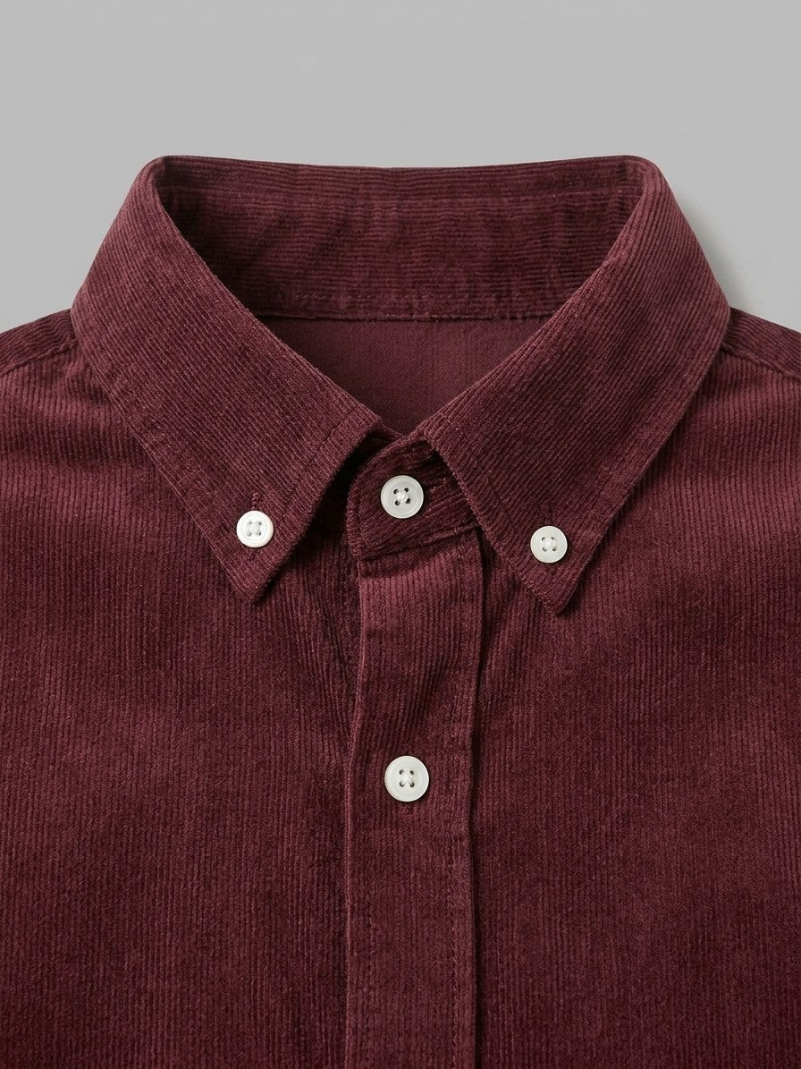 Fermo Men's Corduroy Long-Sleeve Shirt — burgundy — detail-collar