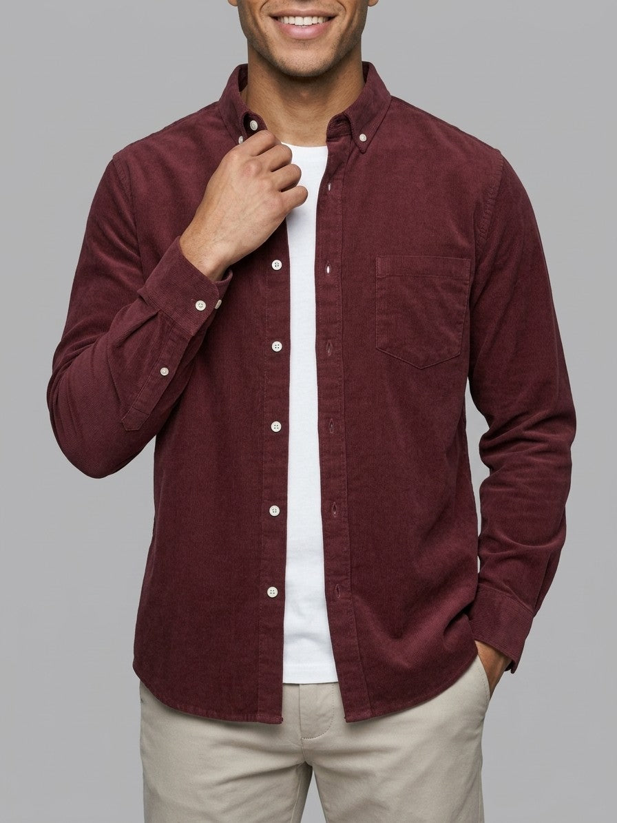 Fermo Men's Corduroy Long-Sleeve Shirt — burgundy — front