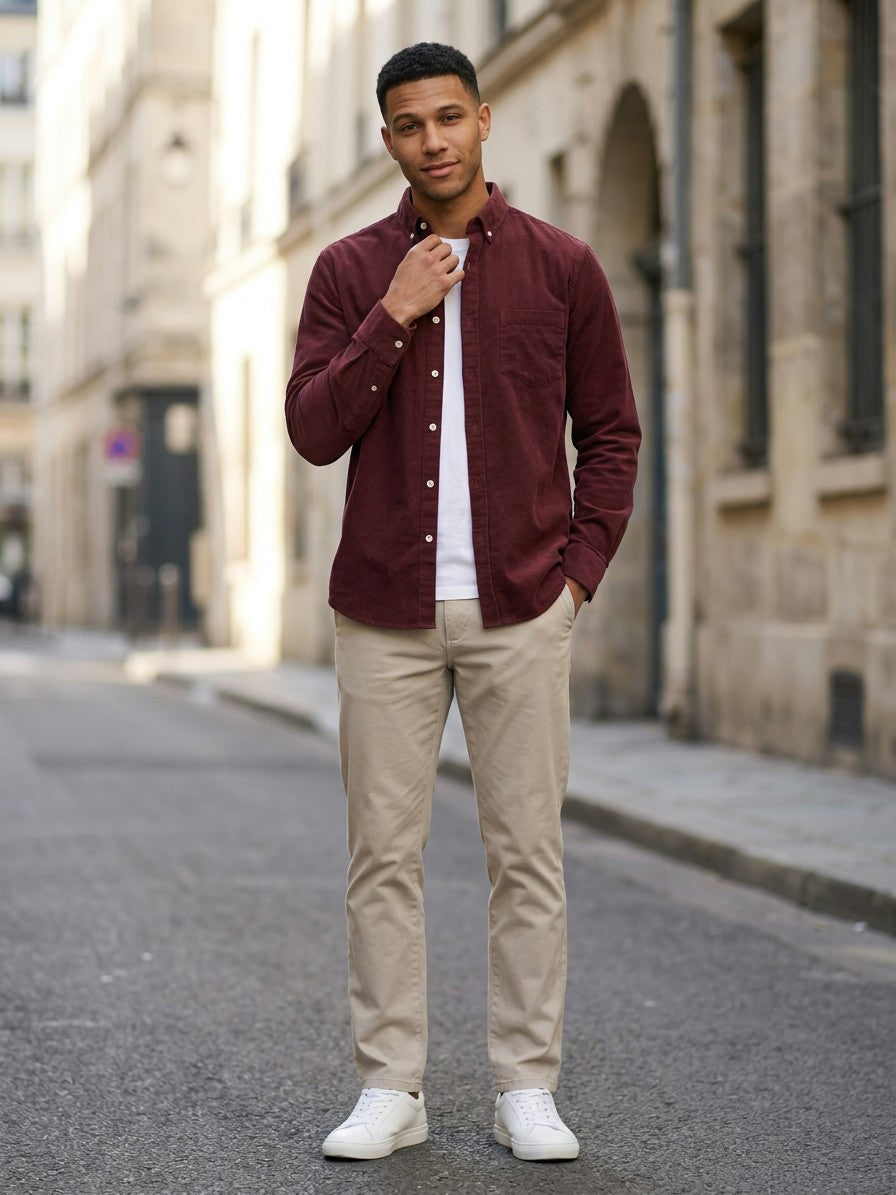 Fermo Men's Corduroy Long-Sleeve Shirt — burgundy — lifestyle