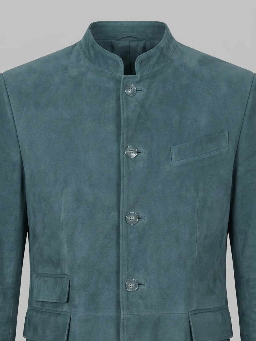 Firenze Men's Cotton-Blend Button-Up Blazer — blue — detail-collar