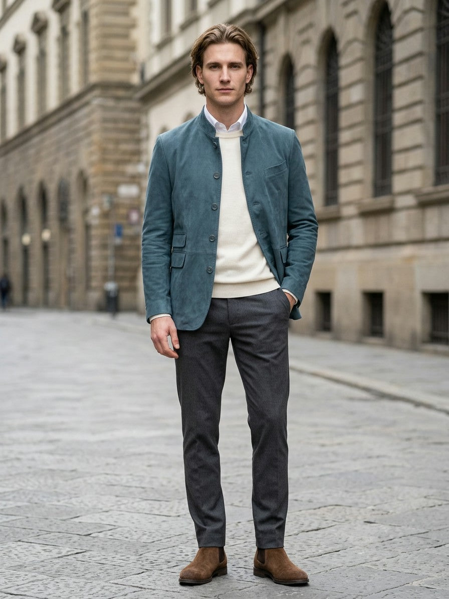 Firenze Men's Cotton-Blend Button-Up Blazer — blue — lifestyle