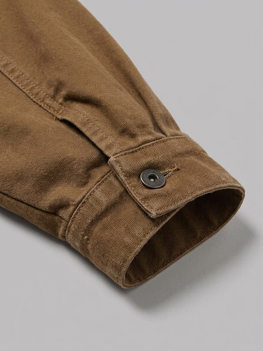 Fiumefreddo Men's Patch-Pocket Canvas Chore Jacket — brown — detail-collar