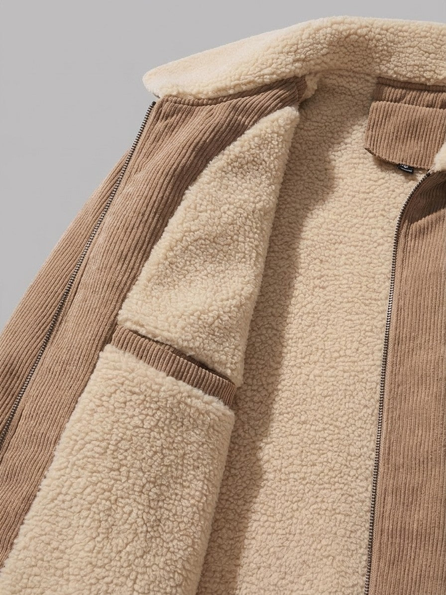 Fivizzano Men's Sherpa-Lined Ribbed Suede Jacket — camel — detail-collar