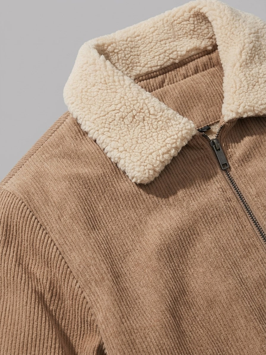 Fivizzano Men's Sherpa-Lined Ribbed Suede Jacket — camel — detail