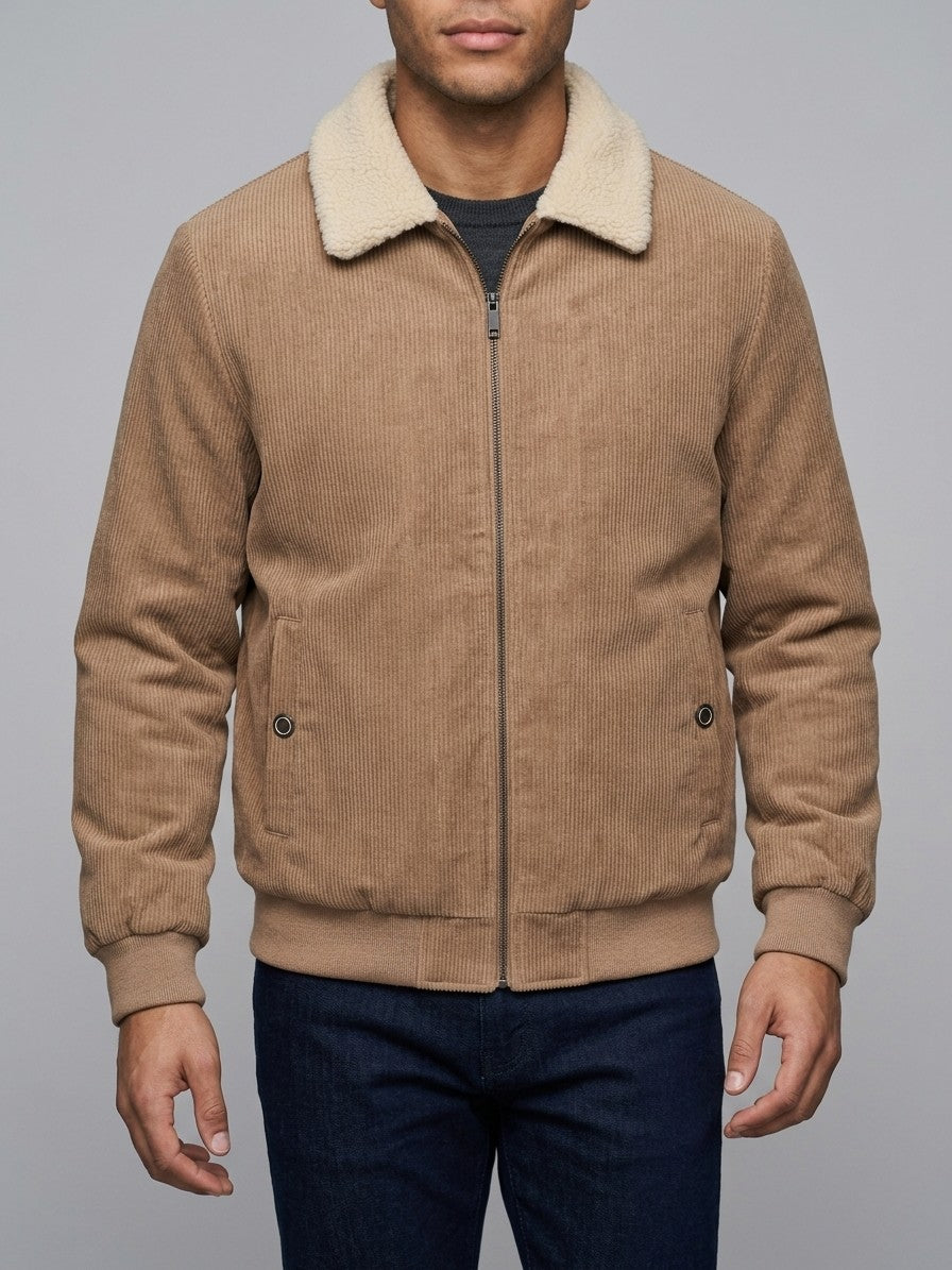 Fivizzano Men's Sherpa-Lined Ribbed Suede Jacket — camel — front